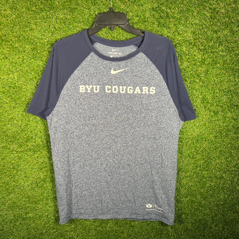 Nike BYU Cougars Mens Large Raglan T-Shirt Navy Heather Blue Athletic Cut